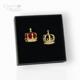 Crown miniatures on a black display box with 'Crowns & Regalia' branding.
